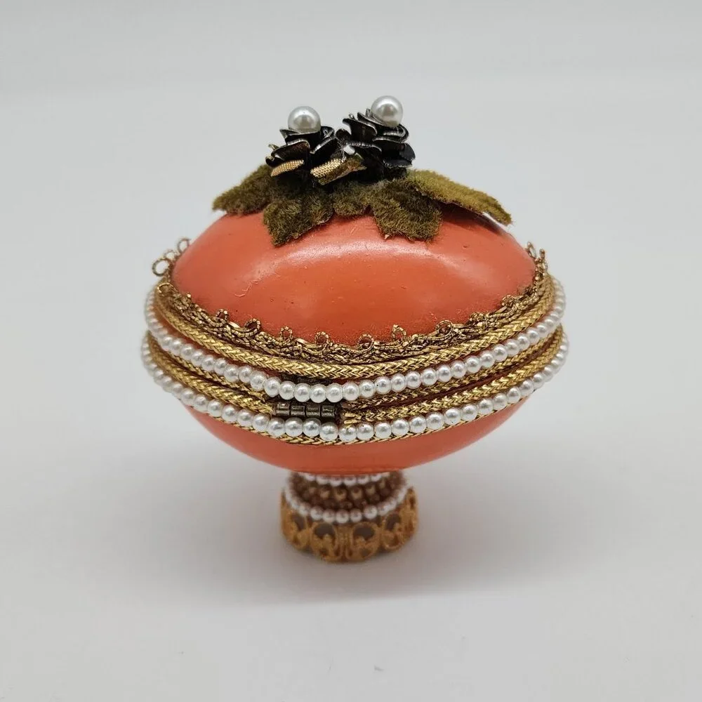 Decorative Egg Shaped Jewelry Trinket Box Faux Pearl Velvet Floral 2.5
